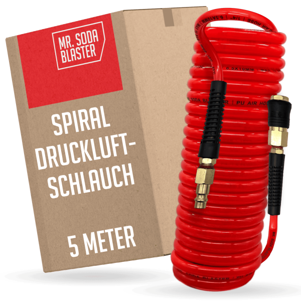 Spiral Druckluftschlauch 5 Meter 6,5 x 10 mm PU mit Kupplung und Knickschutz